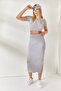 Gray Short Sleeve Slit Skirted Lycra Suit TKM-19000194 - 4