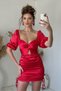 Chest Filled Satin Fabric Gathered Sides Short Sleeve Red Evening Dress & Graduation Dress 031 - 2