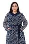Large Size Collar Detailed Pocketed Belted Chiffon Lined Polka Dot Navy Blue Long Dress - 2