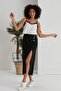 Crepe Fabric Gathered Stone Detail Slit Midi Skirt - Black - 2