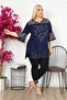 Short Sleeve Tunic with Stone Embroidered Collar and Lace Sleeves and Hem - 2