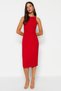 Red Bodycon Collar Accessory Detailed Midi Pencil Skirt Woven Dress Twoss23El02115