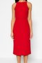 Red Bodycon Collar Accessory Detailed Midi Pencil Skirt Woven Dress Twoss23El02115 - 4