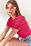Women's Fuchsia Openwork Ribbed Knitwear Blouse BLZ-19002270