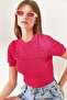Women's Fuchsia Openwork Ribbed Knitwear Blouse BLZ-19002270 - 3