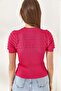 Women's Fuchsia Openwork Ribbed Knitwear Blouse BLZ-19002270 - 5