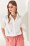 Women's Arrow Orange Blue Sleeve Folded Linen Shirt GML-19000825 - 3