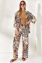 Women's Shawl Brown Belted Patterned Linen Palazzo Trousers PNT-19000226