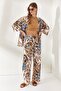 Women's Shawl Brown Belted Patterned Linen Palazzo Trousers PNT-19000226 - 3