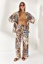 Women's Shawl Brown Belted Patterned Linen Palazzo Trousers PNT-19000226 - 4