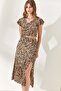 Women's Camel Zebra Top Blouse Bottom Slit Skirt Set TKM-19000198 - 7