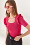 Women's Fuchsia Sleeve Ruffled Heart Beaded Crop Blouse BLZ-19002269 - 4