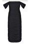 Women's Black Draped Gathered Sleeves Lined Zippered Imported Silk Jersey Midi Dress