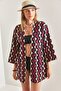 Women's Burgundy Multi Patterned Linen Kimono 40841019 - 5