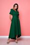 Women's Asymmetric Cut Emerald Green Short Front Long Back Double Breasted Collar Dress - 7