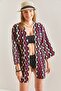 Women's Burgundy Multi Patterned Linen Kimono 40841019 - 6