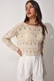 Women's Cream Boat Neck Openwork Summer Knitwear Blouse NF00057 - 4
