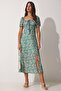 Women's Green Gathered Collar Floral Satin Surface Summer Dress FF00125 - 3