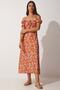 Women's Orange Gathered Collar Floral Satin Surface Summer Dress FF00125 - 3