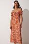 Women's Orange Gathered Collar Floral Satin Surface Summer Dress FF00125 - 4