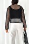 Women's Black Mesh Relaxed Cut Crew Neck Blouse - 5