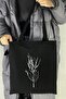 Black Cloth Bag with Blooming Bush Branch Printed - 3