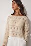 Women's Cream Boat Neck Openwork Summer Knitwear Blouse NF00057