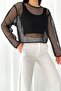 Women's Black Mesh Relaxed Cut Crew Neck Blouse - 2