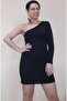 Black One-Shoulder Open Single-Sleeve Combed Cotton Viscose Mini Pencil Dress - 8
