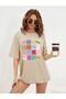 Women's Beige Cats Oversize Crew Neck Tshirt