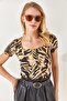 Women's Brush Beige Black Square Collar Front Double Layer Lycra Viscose Blouse BLZ-19002284 - 3