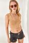 Women's Beige Collar Detailed Waist Crop Knitwear Blouse BLZ-19002288 - 2