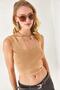 Women's Beige Collar Detailed Waist Crop Knitwear Blouse BLZ-19002288 - 3