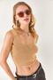 Women's Beige Collar Detailed Waist Crop Knitwear Blouse BLZ-19002288 - 4