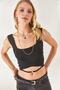 Women's Black Collar Detailed Waist Crop Knitwear Blouse BLZ-19002288 - 3