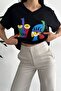 Women's Black V-Neck Printed Cotton T-Shirt - 3
