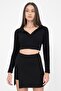 Women's Black Polo Neck Ribbed Knitted Crop Blouse