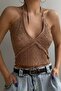 Women's Beige Openwork Neck Tie Detailed Crop Bustier 23S50009