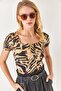 Women's Brush Beige Black Square Collar Front Double Layer Lycra Viscose Blouse BLZ-19002284