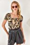 Women's Brush Beige Black Square Collar Front Double Layer Lycra Viscose Blouse BLZ-19002284 - 2
