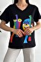 Women's Black V-Neck Printed Cotton T-Shirt