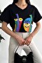 Women's Black V-Neck Printed Cotton T-Shirt - 4