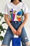 Women's White V-Neck Printed Cotton T-Shirt - 4