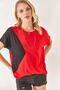 Women's Red Color Blocked Bat Knitted Viscose Blouse BLZ-19002283