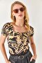 Women's Brush Beige Black Square Collar Front Double Layer Lycra Viscose Blouse BLZ-19002284 - 5