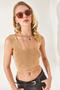 Women's Beige Collar Detailed Waist Crop Knitwear Blouse BLZ-19002288 - 5