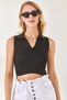 Women's Black Polo Neck Sleeveless Crop Knitwear Blouse BLZ-19002281 - 2