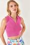 Women's Fuchsia Polo Neck Sleeveless Crop Knitwear Blouse BLZ-19002281 - 3