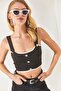 Women's Black Strap Button Detailed Crop Knitwear Blouse BLZ-19002282 - 5
