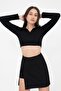 Women's Black Polo Neck Ribbed Knitted Crop Blouse - 4
